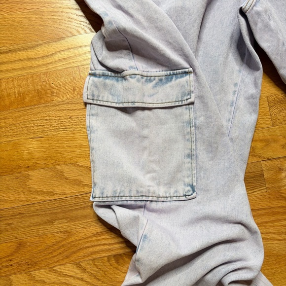 Womens Denim Strapless Jumpsuit Acid Washed Size 2X Cargo Pockets Lavender Blue - Picture 4 of 10